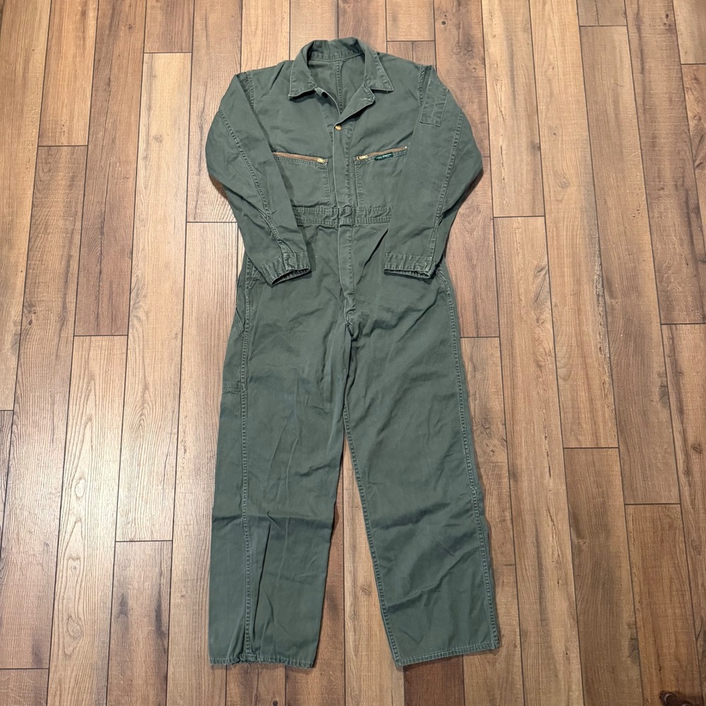 Vtg 50s 60s Key Imperial HBT Cotton Coveralls Green Workwear Prentice Zip Small
